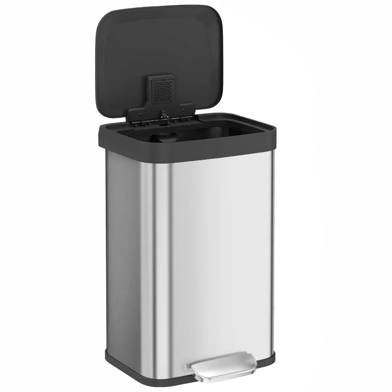 HOMCOM Poubelle de Cuisine 50 L en Acier Inoxydable, Pédale, Couvercle à Fermeture Douce, Compartiment Désodorisant, Argenté