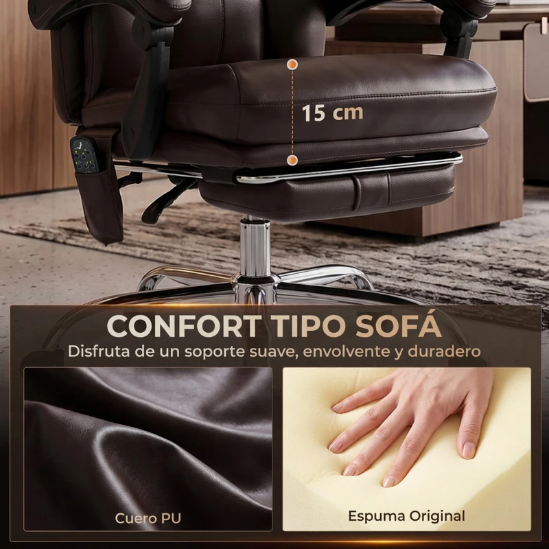 HOMCOM Silla de Oficina con 6 Puntos de Masaje Calor Lumbar Reposapiés Altura Ajustable Control Remoto y Tejido de PU Marrón