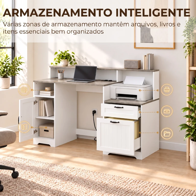 HOMCOM Secretária com Estação de Carregamento Gavetas e Prateleiras com Tomadas Castanho Acinzentado e Branco