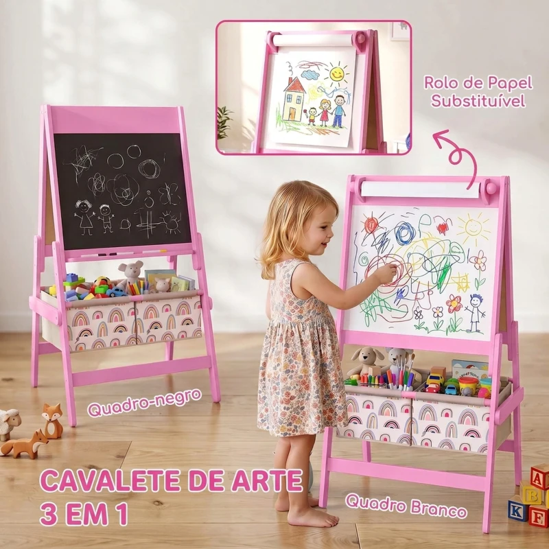 AIYAPLAY Cavalete Infantil 3 em 1 com Quadro de Giz, Quadro Branco, Rolo de Papel e Arrumação, Rosa, 3-8 Anos