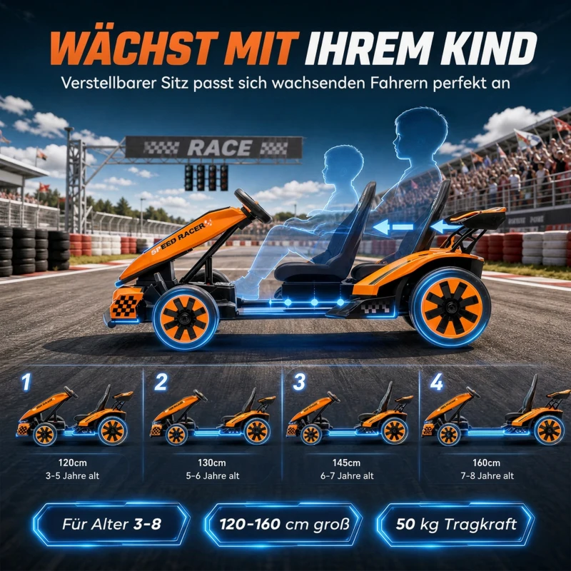 AIYAPLAY 12V Elektro-Go-Kart für Kinder von 3-8 Jahren, verstellbarer Sitz, 3 Geschwindigkeiten, sanfter Start, Orange