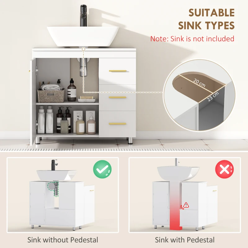 HOMCOM Bathroom base cabinet, 3-tier design, MDF, particleboard, White