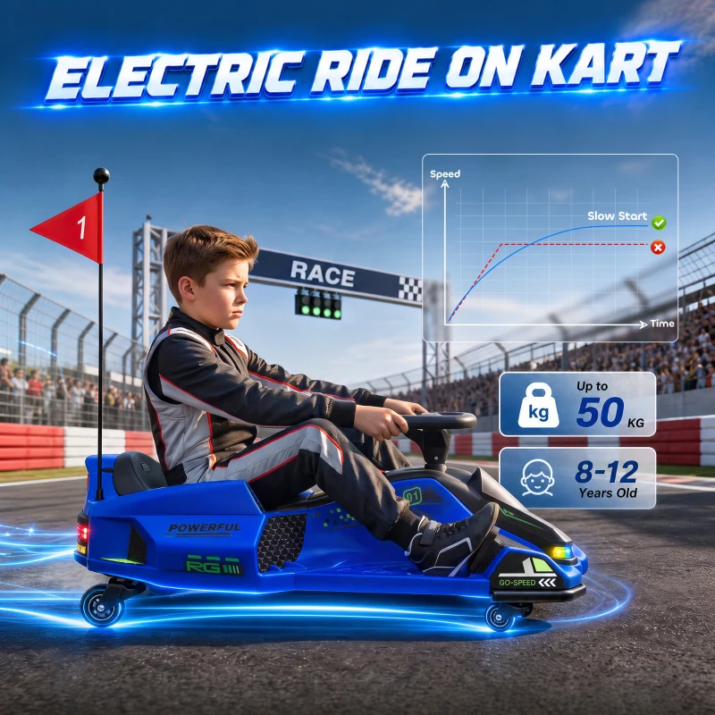 HOMCOM 12V Kids Electric Go Kart, Ride on Drift Car with 2 Speeds, Soft Start, Music, Colourful LED Lights for Ages 8-12, Blue