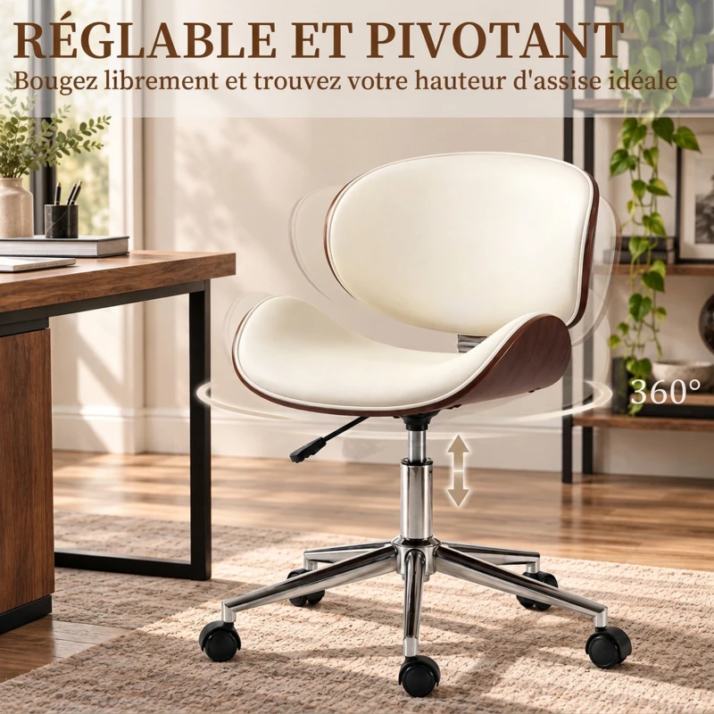 Vinsetto Chaise de Bureau Design Vintage, Hauteur Réglable, Pivotant 360°, Revêtement Synthétique, 53x53x87cm, Crème
