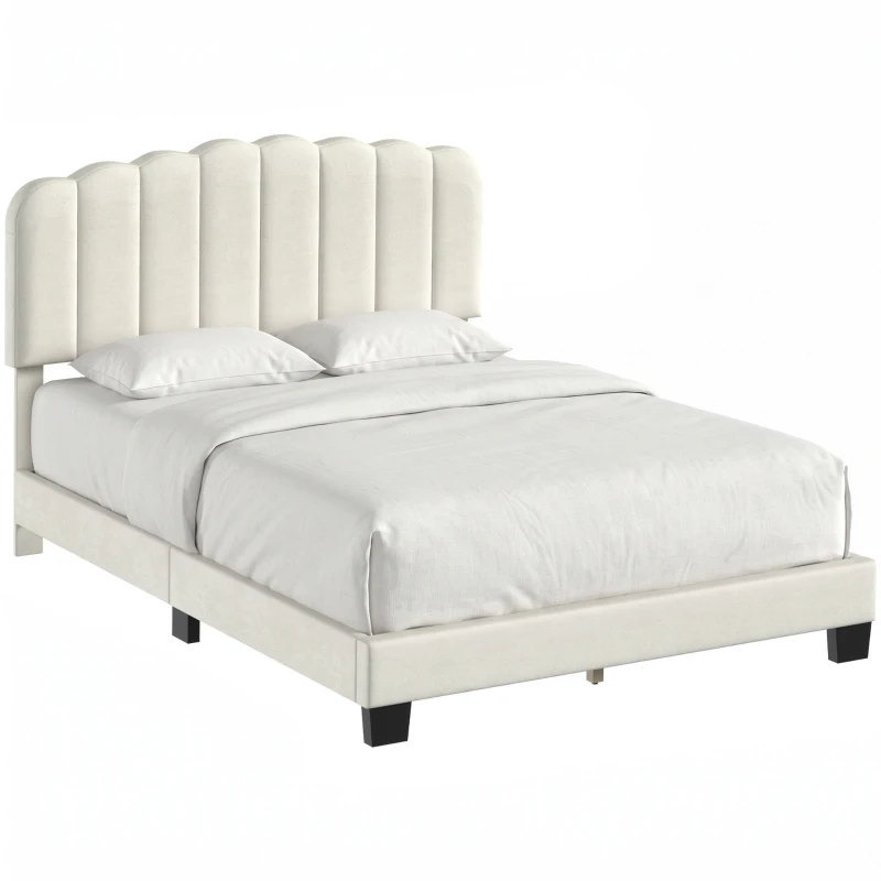 HOMCOM Cadre de Lit 140 x 190 cm avec Tête Réglable, Lit Double Rembourré en Velours, Sommier à 12 Lattes en Bois, Crème