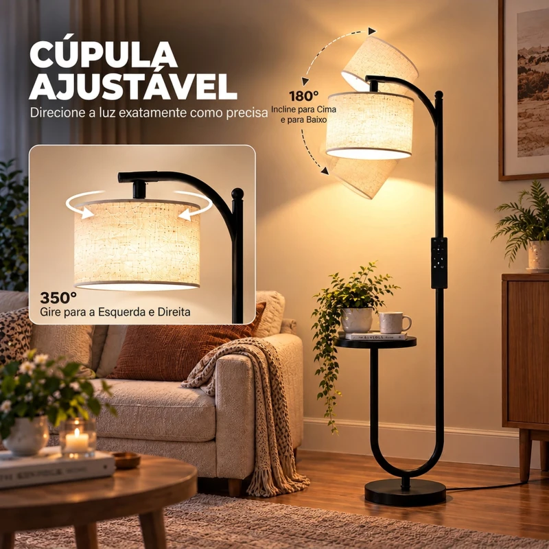 HOMCOM Candeeiro de Pé LED Regulável com Prateleira 11 Temperaturas de Cor e Níveis de Brilho Cúpula Ajustável Comando RF e Interruptor de Pé Preto