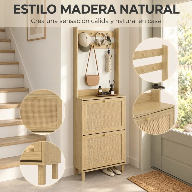 HOMCOM Perchero Zapatero con 2 Cajones Abatibles con Puertas de Ratán 8 Ganchos Estante Superior y Marco de Madera Natural