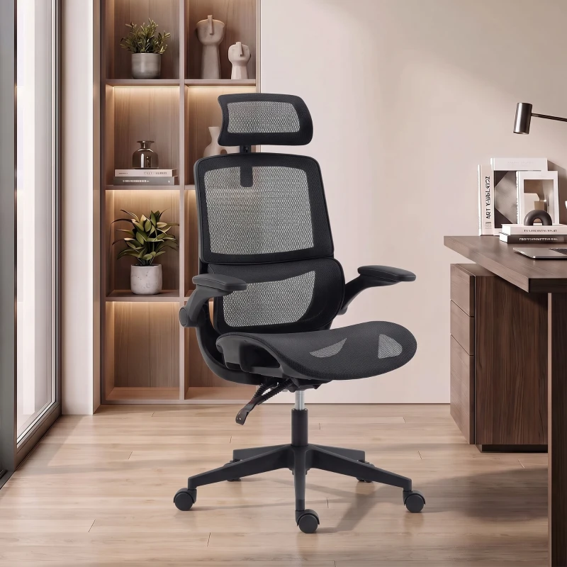 HOMCOM Ergonomic Office Chair with Adaptive Lumbar Support, Reclining Mesh Desk Chair with 2D Headrest, Flip-Up Arms, Black