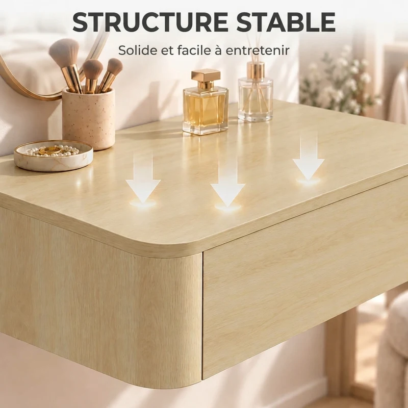 HOMCOM Coiffeuse Murale Moderne avec Miroir Rond et Tiroir Dissimulé, pour Chambre, Petit Espace, 60 x 38 x 18 cm, Chêne