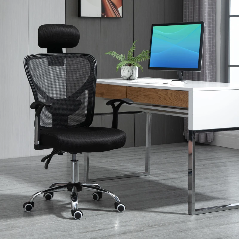 Vinsetto Silla de Escritorio Giratoria Silla de Oficina con Altura Ajustable Respaldo Reclinable Reposacabezas Regulable y Soporte Lumbar Tapizado en Malla Transpirable Negro