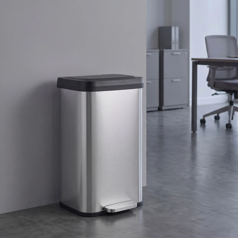 HOMCOM Poubelle de Cuisine 50 L en Acier Inoxydable, Pédale, Couvercle à Fermeture Douce, Compartiment Désodorisant, Argenté