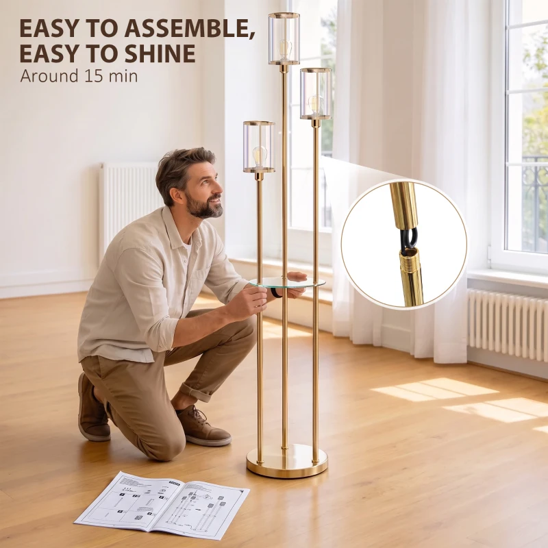 HOMCOM Lampadaire Étagère Verre 3 Lumières Lampe sur Pied Abat-jour Verre Doré