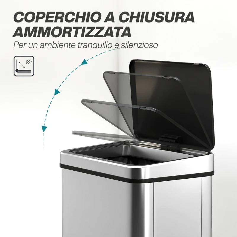 HOMCOM Pattumiera Automatica con Sensore 40 L in Acciaio Inox Anti-Impronta, Chiusura Ammortizzata, Argento
