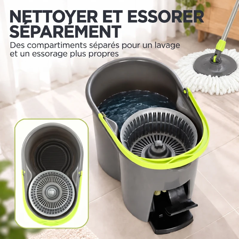 HOMCOM Balai Serpillière et Seau avec Essoreur, Balai Rond à 2 Compartiments, Réservoir 20 L, Tête Rotative à 360°, Gris Foncé