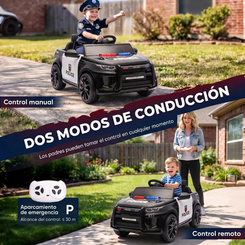 AIYAPLAY Coche Eléctrico para Niños de Policía 12V Mando a Distancia 2,4 G 2 Motores Arranque Suave Sirena Luces Música Negro