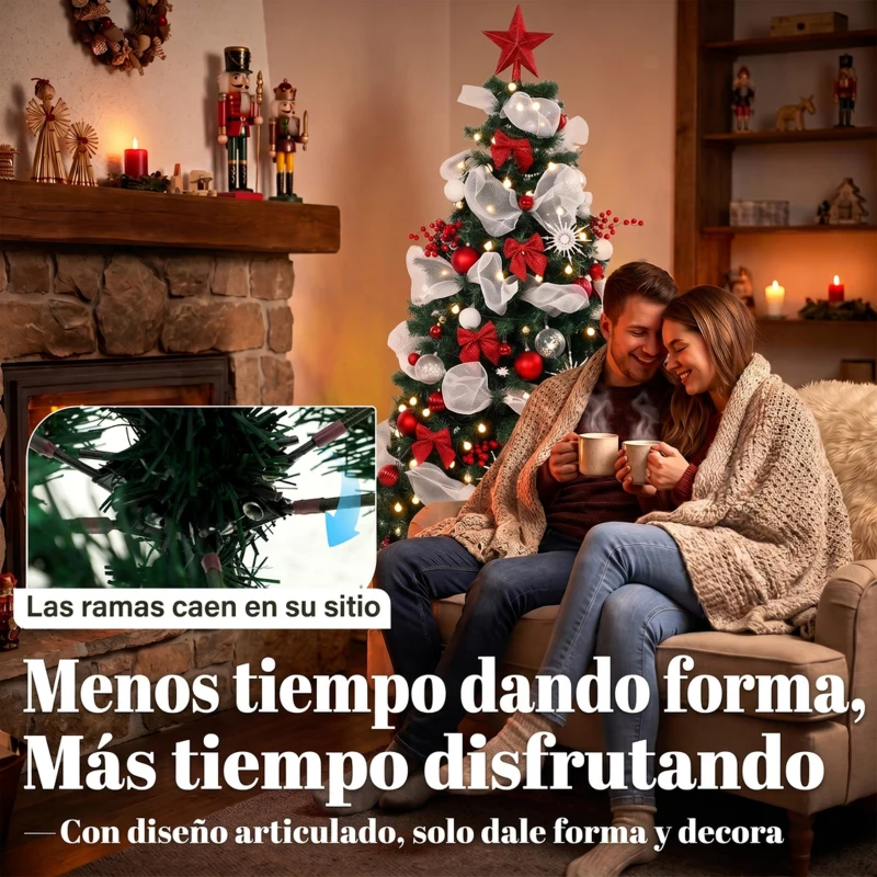 HOMCOM Árbol de Navidad Predecorado 180 cm con 200 LED 8 Modos 800 Ramas Mando y Base Plegable Funciona con USB Verde y Rojo