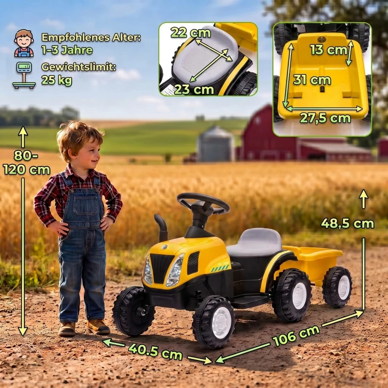 AIYAPLAY Elektrischer Kinder Traktor mit abnehmbar Anhänger Aufsitztraktor mit Lithium-Akku Fußpedal, Musik, Hupe Licht, Gelb