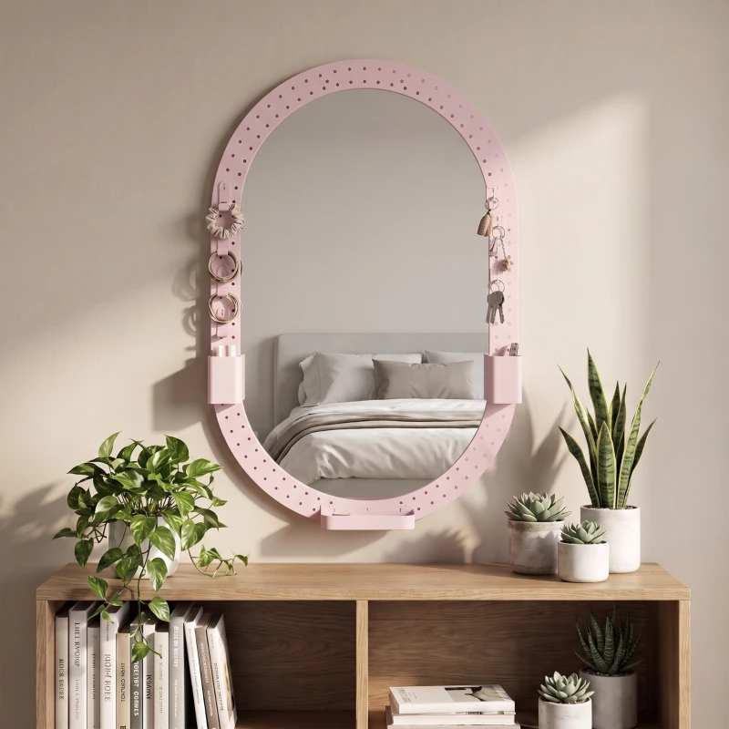 HOMCOM Oval Wall Mirror, 60 x 90 cm Decorative Hanging Mirror with Pegboard Frame, Wall-Mounted, Pink