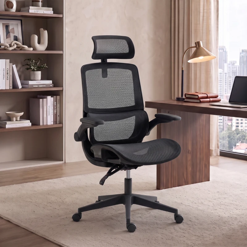 HOMCOM Ergonomic Office Chair with Adaptive Lumbar Support, Reclining Mesh Desk Chair with 2D Headrest, Flip-Up Arms, Black