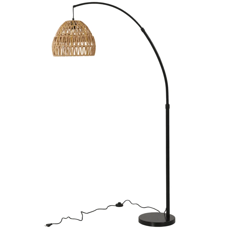 HOMCOM Bogen-Stehlampe mit doppeltem Papierseil-Schirm, Fußschalter, höhenverstellbar, Marmorfuß, Schwarz
