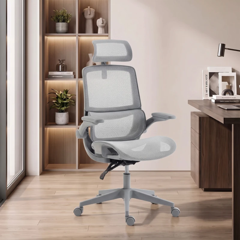 HOMCOM Ergonomic Office Chair with Adaptive Lumbar Support, Reclining Mesh Desk Chair with 2D Headrest, Flip-Up Arms, Grey