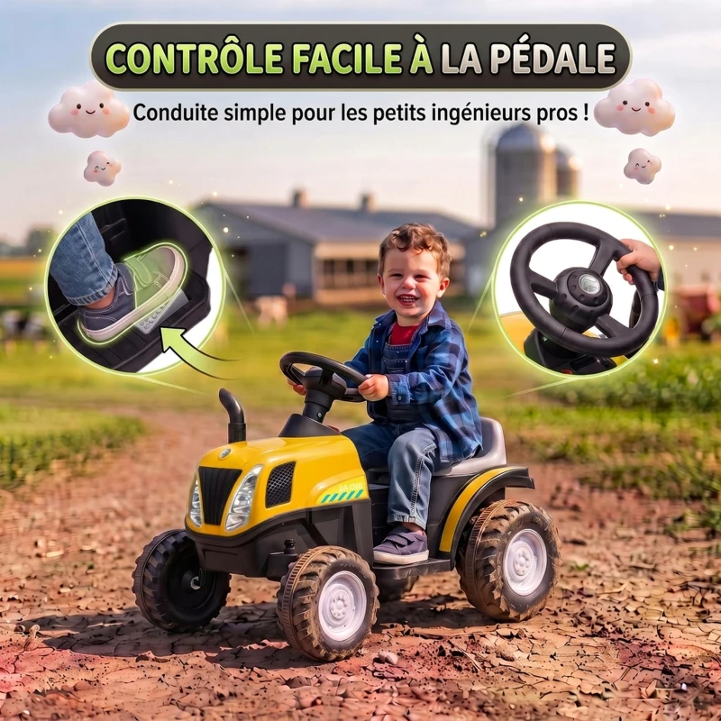 AIYAPLAY Tracteur Électrique Enfants 6 V avec Remorque Amovible, Voiture Électrique Enfants, Batterie au Lithium, 1-3 ans, Jaune