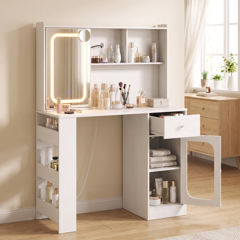 HOMCOM Postazione Trucco con Specchio Scorrevole, Luci LED, 3 Colori, Luminosità Regolabile, Bianco, Ripiani Aperti