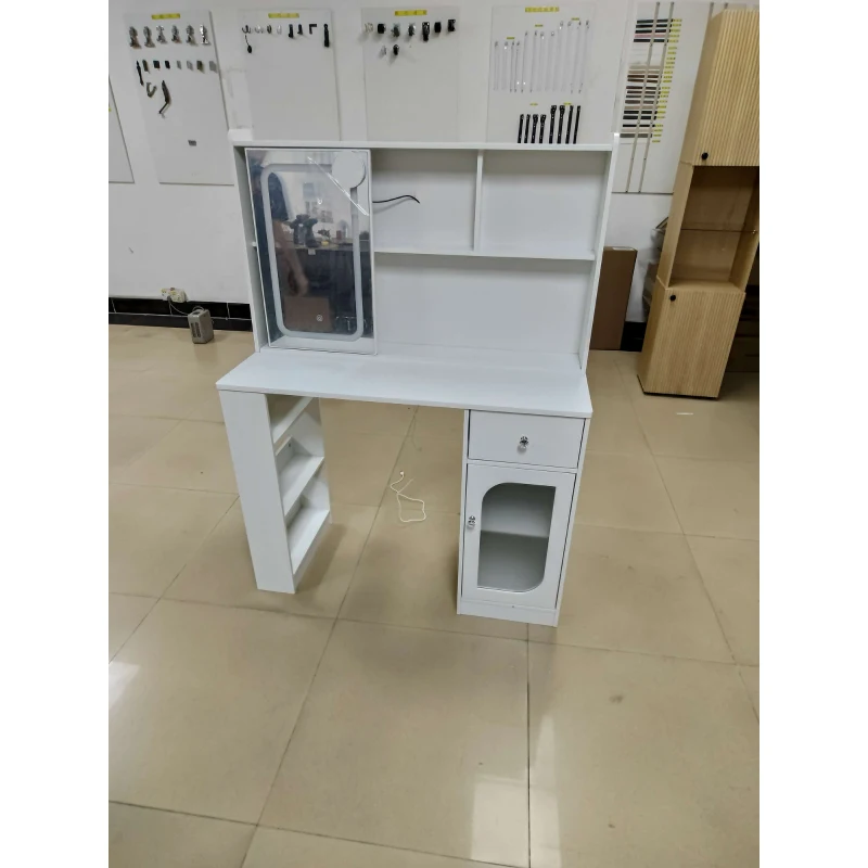 HOMCOM Tocador de Maquillaje Espejo Deslizante Luces LED 3 Colores Cajón 4 Compartimentos Puerta 3 Estantes Abiertos Blanco