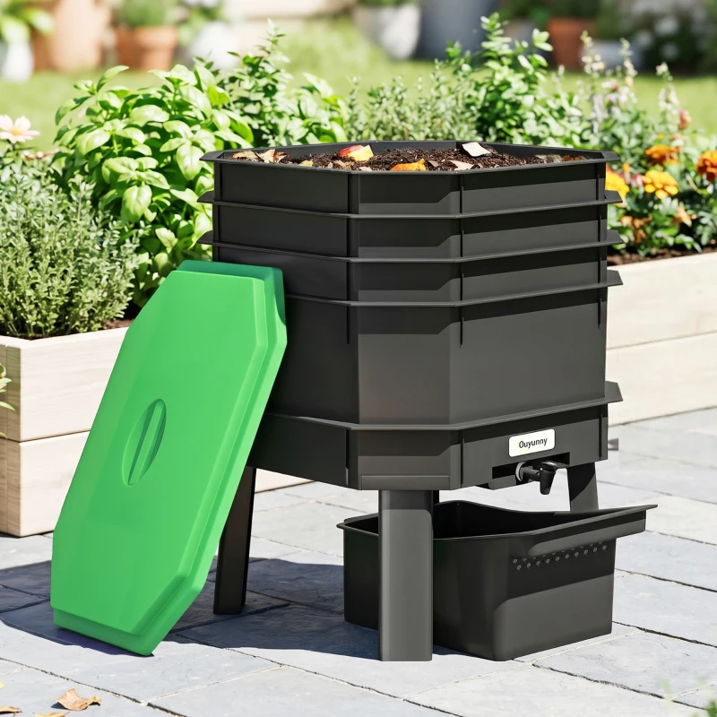 Outsunny 4-Tray Worm Composter Bin, 28L Worm Composter for Outdoor & Indoor Recycling Food Waste, Dark Green