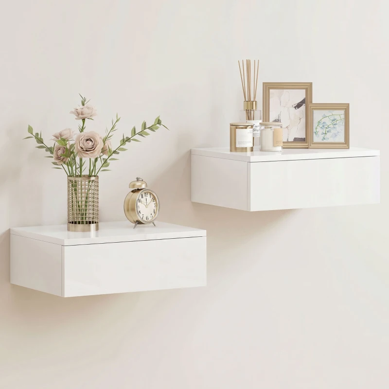 HOMCOM 2-delig set nachtkastjes, wandmontage ontwerp, lade, voor slaapkamer, spaanplaat, Wit