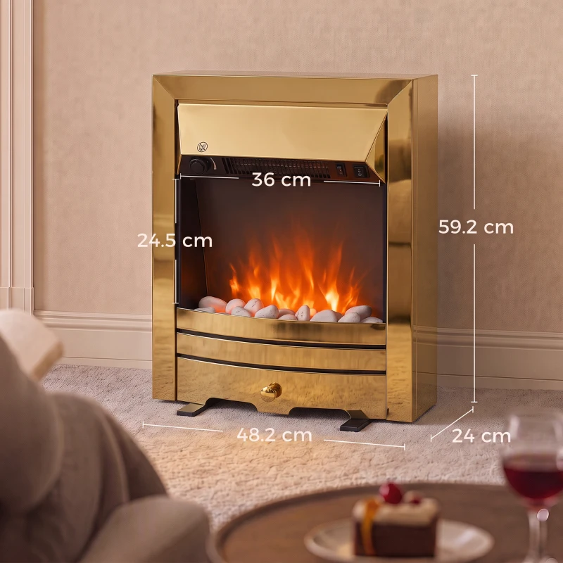 HOMCOM Electric Fireplace Stove Freestanding/Inset, 2000W, Electric Fire with LED Flame, Pebbles, Adjustable Thermostat, Gold