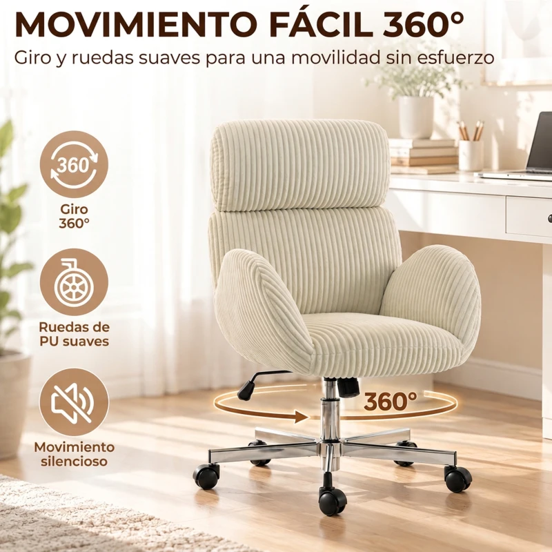 HOMCOM Silla de Oficina con Reposabrazos Respaldo Alto Reposacabezas Regulable Ruedas Altura Ajustable Giratoria Crema