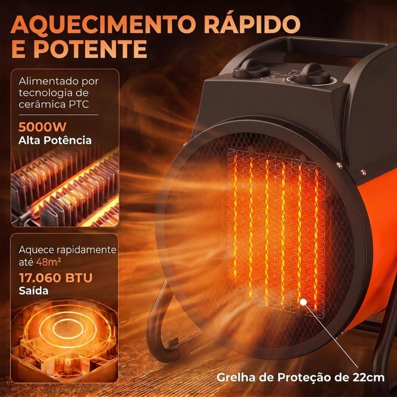 Outsunny Aquecedor Elétrico Cerâmico PTC 5000W com Termóstato Ajustável 3 Modos e Ângulo Ajustável Portátil para 48 m² Laranja