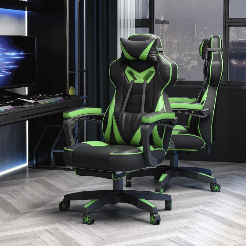 Vinsetto Silla Gaming Ergonómica Silla de Escritorio de Oficina Regulable en Altura Reclinable Respaldo con Reposapiés Reposacabezas Cojín Lumbar Ruedas 65x70x118,5-128,5 cm Verde