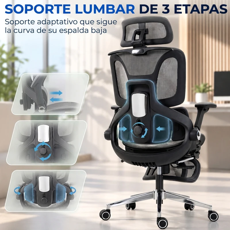 HOMCOM Silla de Escritorio de Malla con Reposapiés Respaldo Reclinable Soporte Lumbar Reposabrazos y Reposacabezas Ajustable