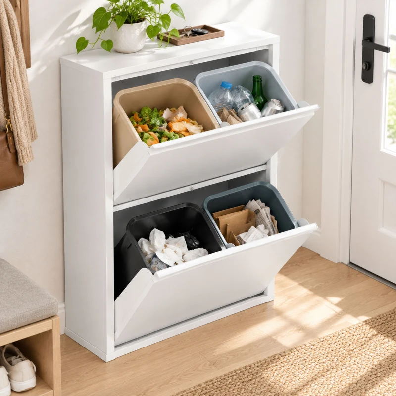 HOMCOM Meuble Poubelle de Tri Sélectif 60 L (4 x 15 L), 4 Compartiments, Fermeture Amortie, Seaux Intérieurs Amovibles, Blanc