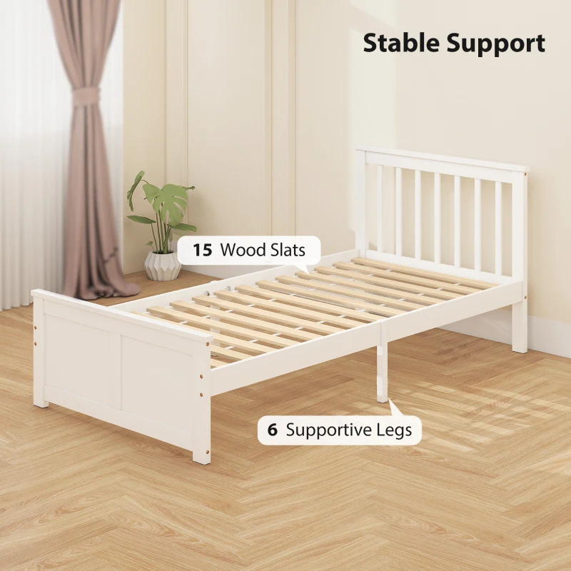 HOMCOM 90x190cm Solid Wood Bed Frame,  2 Wheeled Drawers, Headboard, Footboard, Slatted Base, White