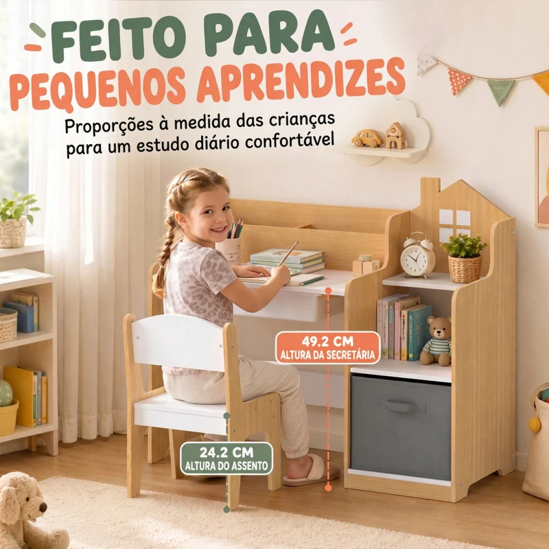 AIYAPLAY Secretária Infantil com Cadeira, Cesto de Tecido, Gaveta, 2 Compartimentos e Estantes, para Estudar e Desenhar, 3-8 Anos, Natural