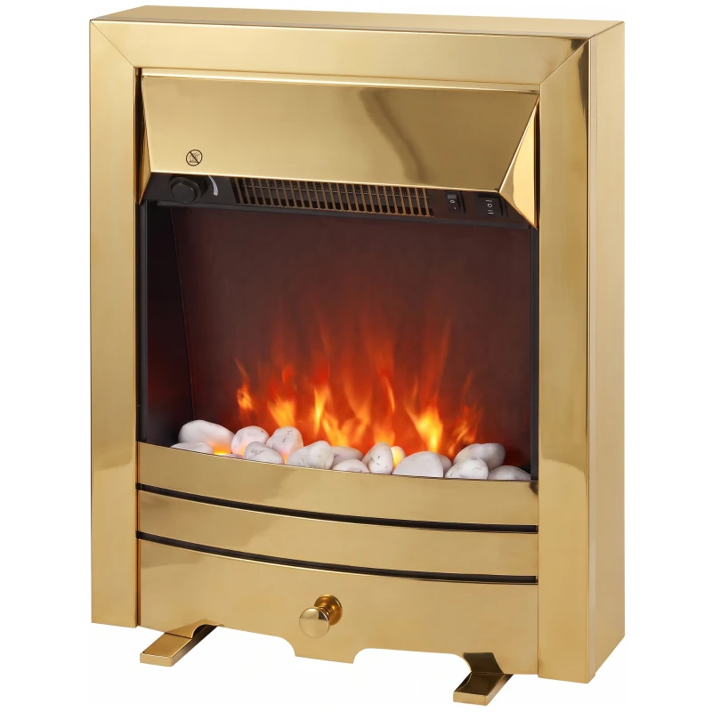 HOMCOM Electric Fireplace Stove Freestanding/Inset, 2000W, Electric Fire with LED Flame, Pebbles, Adjustable Thermostat, Gold