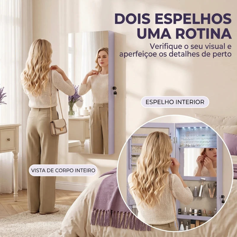 HOMCOM Espelho para Joias de Parede com Luzes LED, Espelho Interior Rebatível e Fechadura, para Parede ou Porta, Roxo