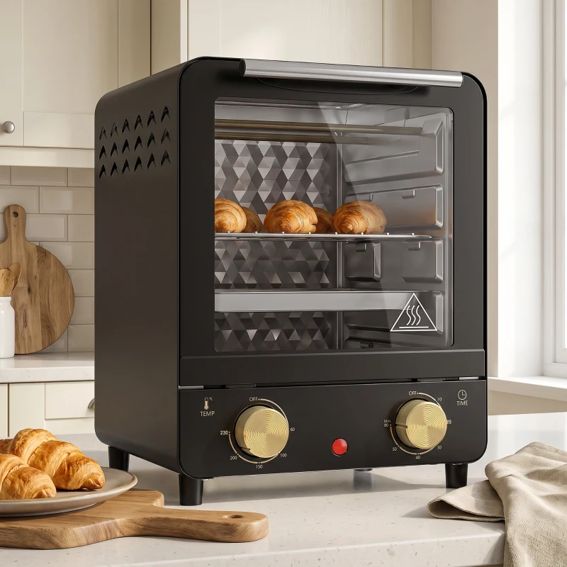 HOMCOM Mini Oven, 15 L Electric Oven and Grill w/ 60-230℃ Adjustable Temperature, 60 Minute Timer, Includes Baking Tray, Black
