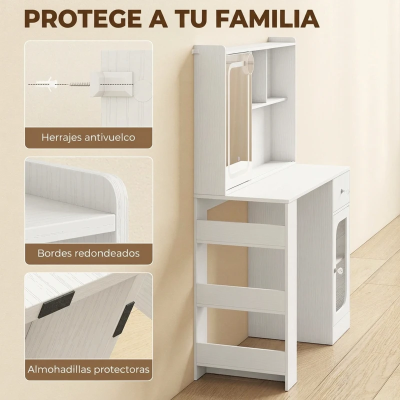 HOMCOM Tocador de Maquillaje Espejo Deslizante Luces LED 3 Colores Cajón 4 Compartimentos Puerta 3 Estantes Abiertos Blanco