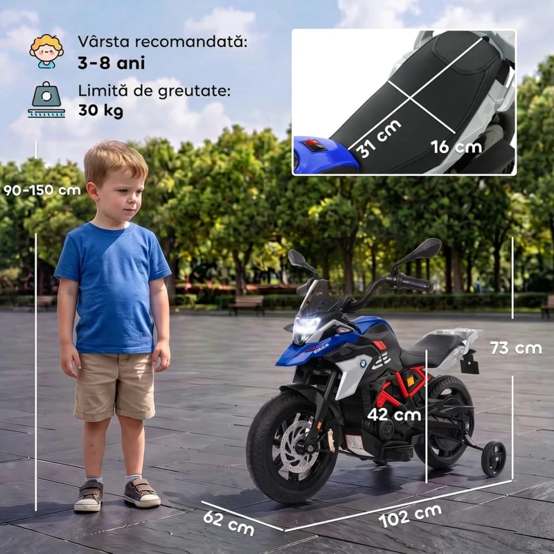 AIYAPLAY Motocicletă Electrică pentru Copii 3-8 Ani 12V, Licență BMW G310 GS, Baterie cu Litiu, Roți Ajutătoare Detașabile, Albastru