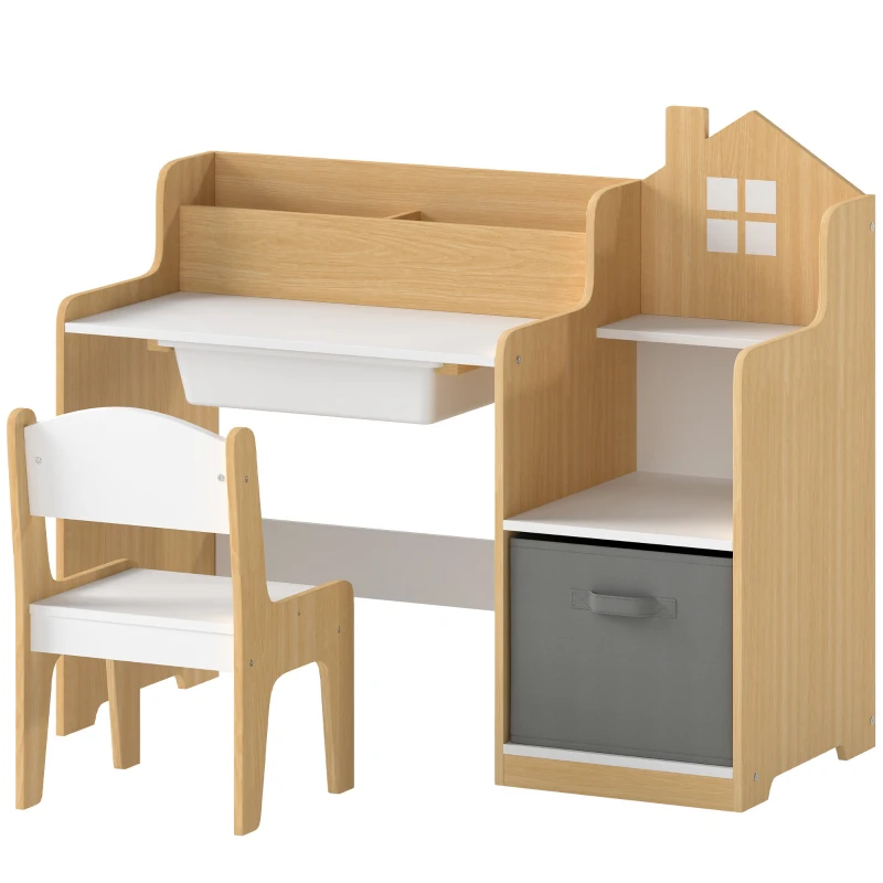 AIYAPLAY Secretária Infantil com Cadeira, Cesto de Tecido, Gaveta, 2 Compartimentos e Estantes, para Estudar e Desenhar, 3-8 Anos, Natural
