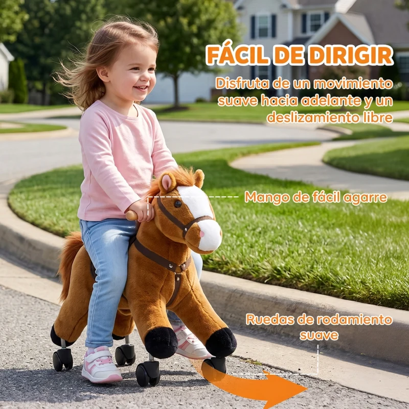 AIYAPLAY Caballo de Juguete para Montar con Ruedas, Correpasillos de Felpa con Sonidos de Cascos y Relinchos, Marco de Metal, Regalo para Niños y Niñas 18-36 Meses, Carga 50 kg, Marrón