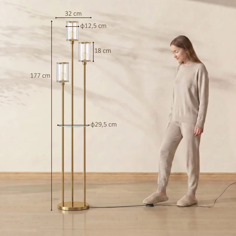 HOMCOM Lampadaire Étagère Verre 3 Lumières Lampe sur Pied Abat-jour Verre Doré