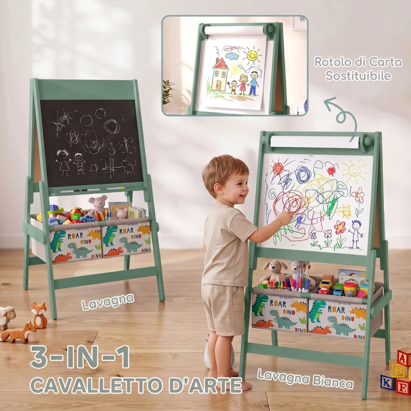 AIYAPLAY Lavagna per Bambini 3 in 1 a Doppia Facciata con Cavalletto, Rotolo di Carta, 2 Contenitori, 3-8 Anni, Verde