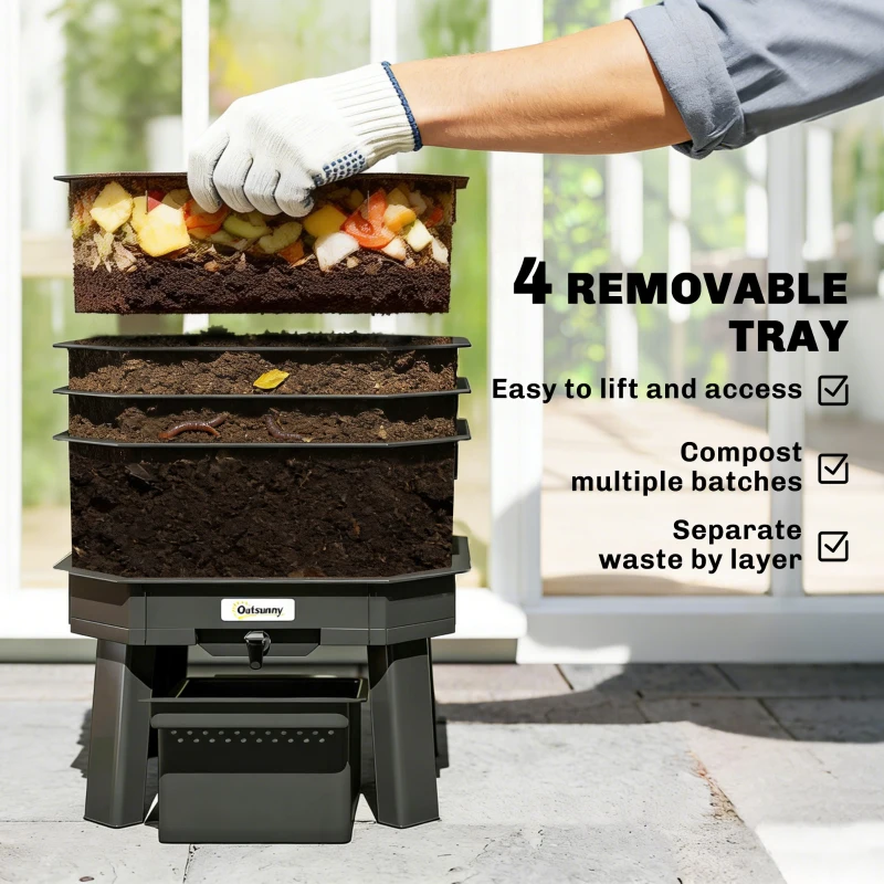 Outsunny 4-Tray Worm Composter Bin, 28L Worm Composter for Outdoor & Indoor Recycling Food Waste, Dark Green