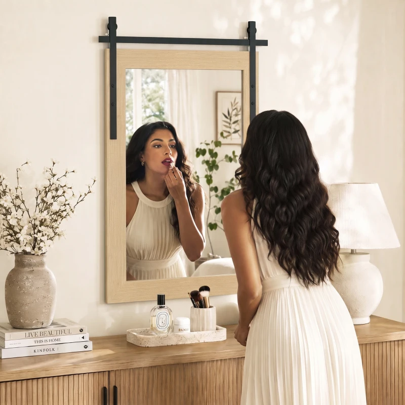 HOMCOM 86.5 x 61 cm Rectangle Mirror, Farmhouse Wall Mirror for Living Room, Bedroom, Hallway, White Oak
