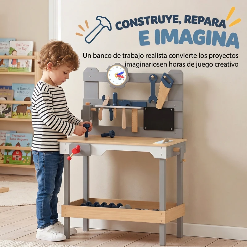 AIYAPLAY Banco de Herramientas para Niños de Madera con Pizarra 15 Accesorios Reloj con Agujas Móviles Estante 3-6 años Gris